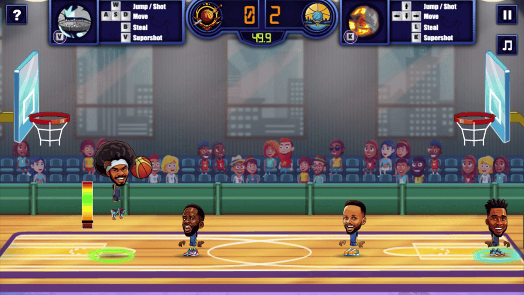 Basketball Stars gameplay with a cartoon player jumping to shoot while other players defend