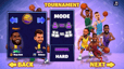 Basketball Stars tournament setup screen with player selection, game mode and difficulty options
