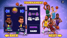 Basketball Stars tournament setup screen with player selection, game mode and difficulty options
