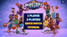 Basketball Stars main menu with cartoon basketball players surrounding single-player, two-player, quick match and tutorial options