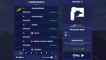 PolyTrack leaderboard for the Summer 2 track showing player rankings, lap times and a track preview