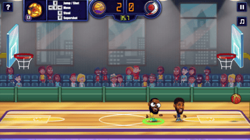 Basketball Stars one-on-one gameplay on an indoor court with two cartoon players and a scoreboard