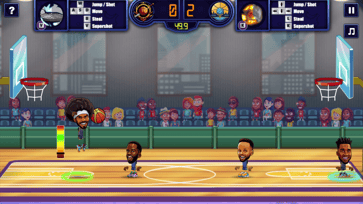 Basketball Stars gameplay with a cartoon player jumping to shoot while other players defend